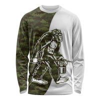 Unisex long-sleeve crewneck shirt with green camouflage panels and Bigfoot graphic