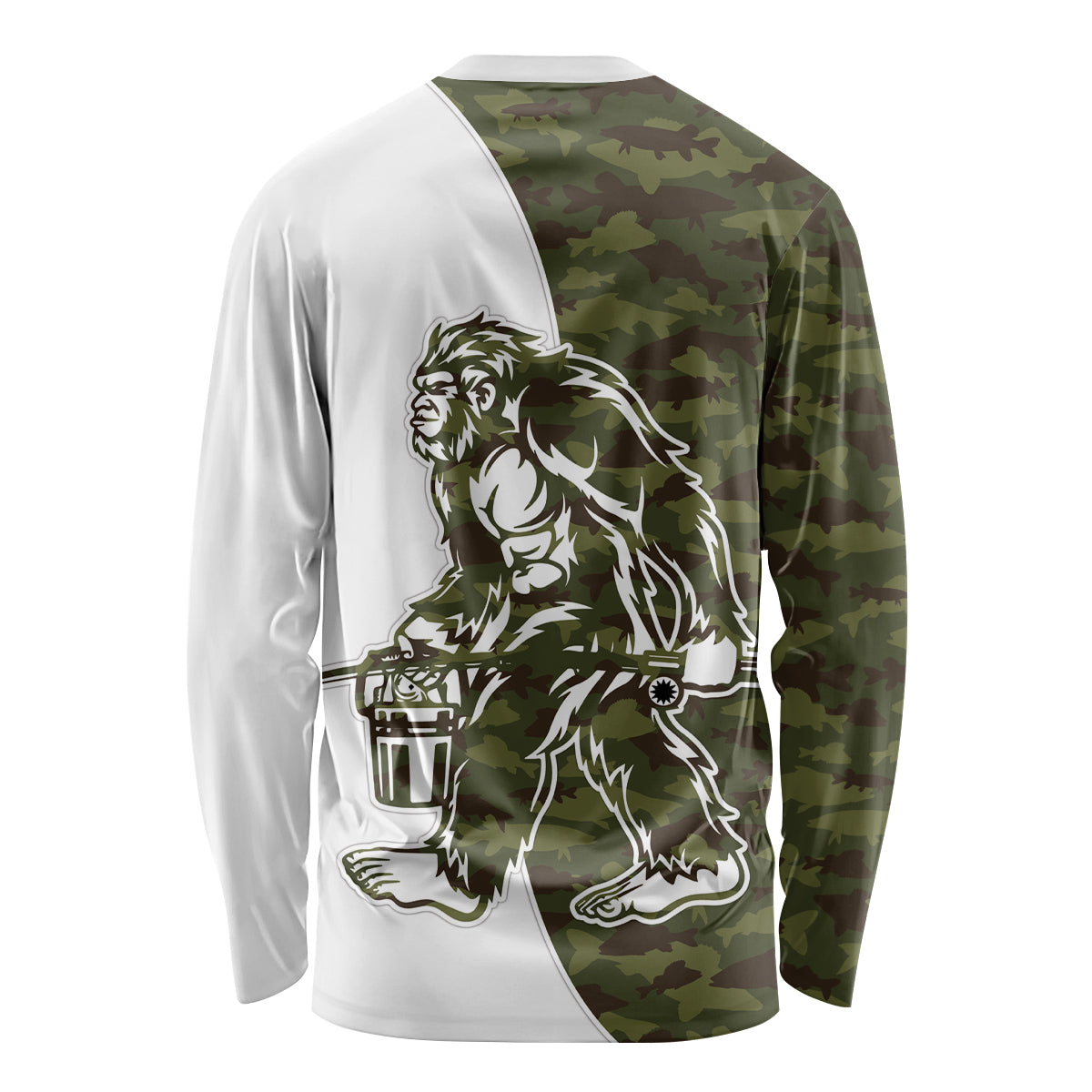 Unisex long-sleeve crewneck shirt, white and green camo with standing Bigfoot graphic