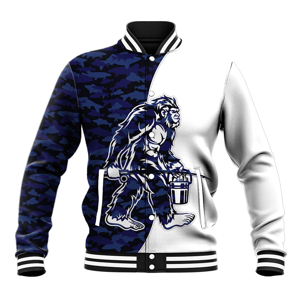 Unisex blue camouflage baseball jacket with white striped ribbed collar and character graphic