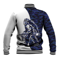 Unisex blue camouflage baseball jacket, back character graphic, striped ribbed cuffs