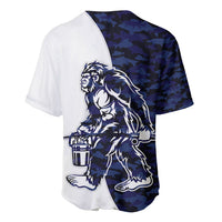 Two-tone baseball jersey with Bigfoot graphic, navy camouflage front and white sleeves