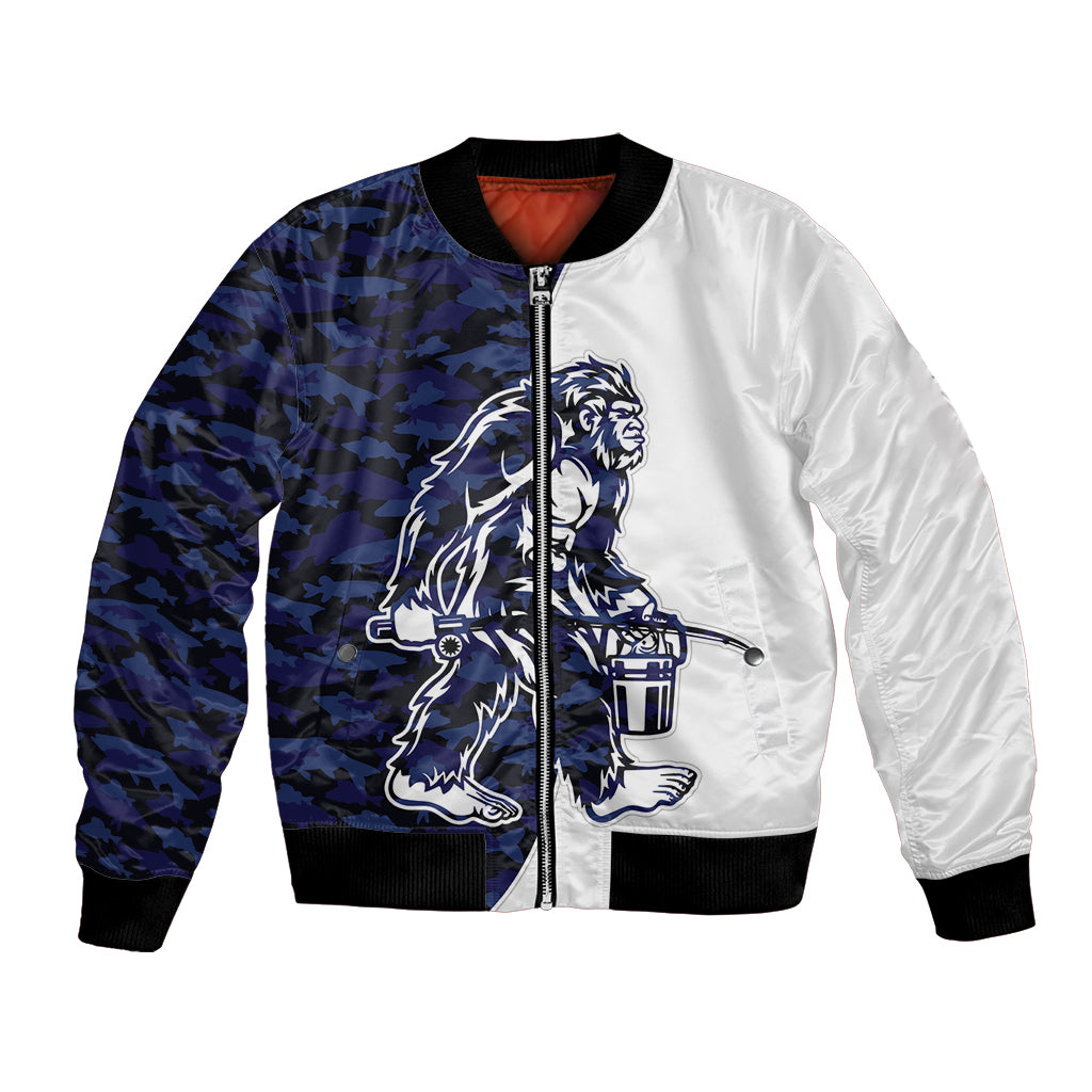Unisex bomber jacket, blue camo/white panels, Bigfoot graphic, front zipper, ribbed trim