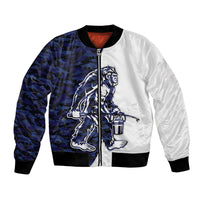 Unisex bomber jacket, blue camo/white panels, Bigfoot graphic, front zipper, ribbed trim