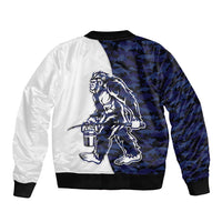 Unisex bomber jacket with back Bigfoot graphic, blue camo and white panels, front zipper