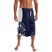 Blue camo lavalava sarong with Bigfoot-style graphic and white side panel