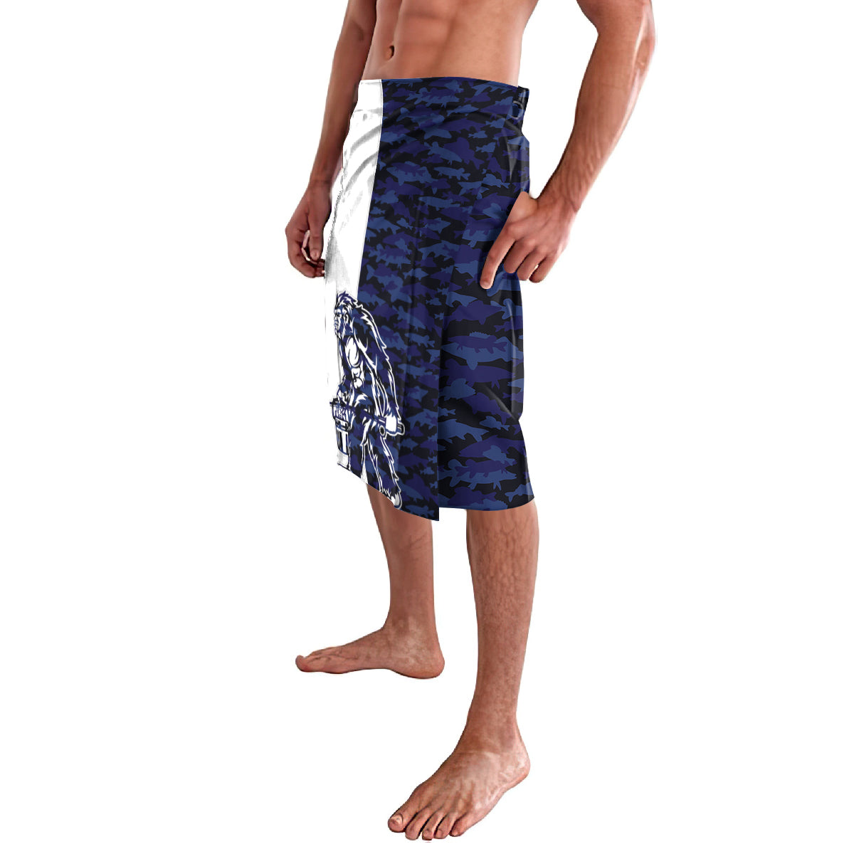 Blue camo lavalava sarong with Bigfoot-style print on left panel