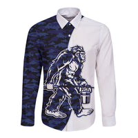 Blue and white long-sleeve button shirt with Bigfoot graphic on camo panels