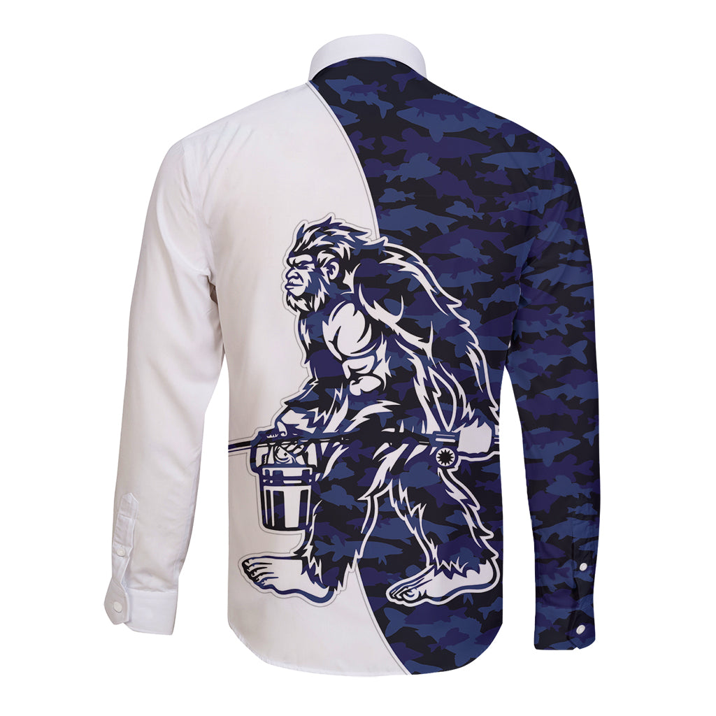 Long-sleeve button shirt with Bigfoot graphic on navy camo panel and white back