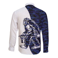 Long-sleeve button shirt with Bigfoot graphic on navy camo panel and white back