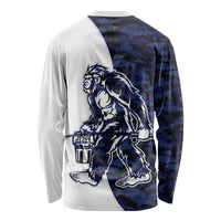 Unisex long-sleeve raglan shirt with white sleeves, blue camo back, bigfoot holding fish