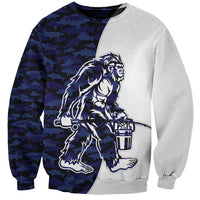 Unisex two-tone sweatshirt, blue camouflage and light gray, Bigfoot graphic on front