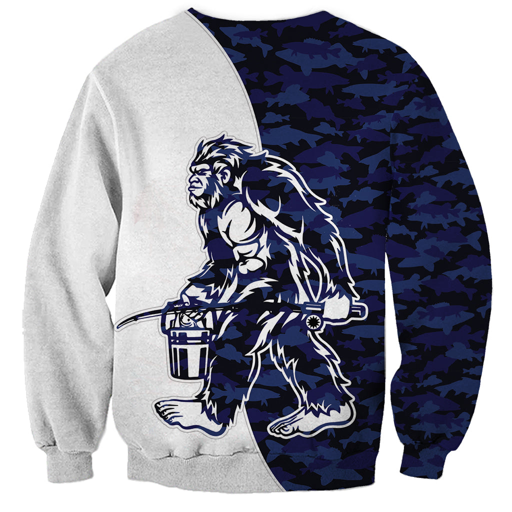 Unisex colorblock sweatshirt, gray sleeves and blue camo body, front Bigfoot with lantern