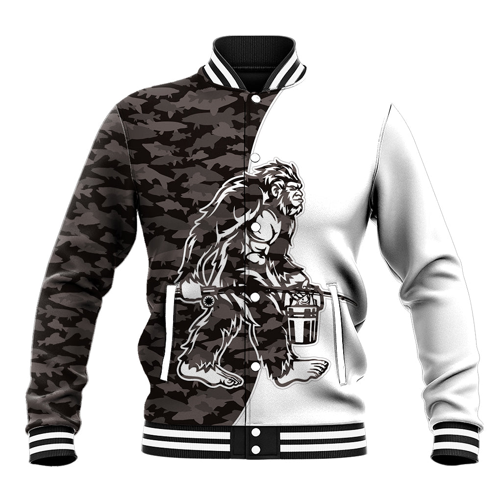 Gray camouflage baseball jacket with Bigfoot graphic, snap front, ribbed cuffs