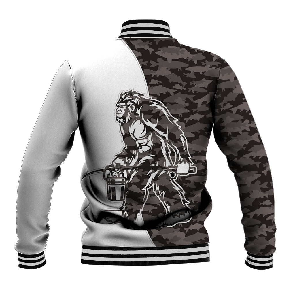 Gray camouflage baseball jacket with Bigfoot graphic on back, snap front, ribbed trim