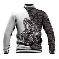 Gray camouflage baseball jacket with Bigfoot graphic on back, snap front, ribbed trim