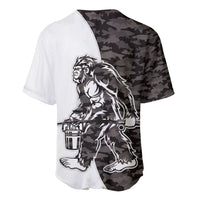 Baseball jersey with Bigfoot drinking graphic, white front, black gray camo back panel