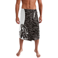 Gray camouflage sarong with white side trim and Bigfoot face graphic, knee-length.