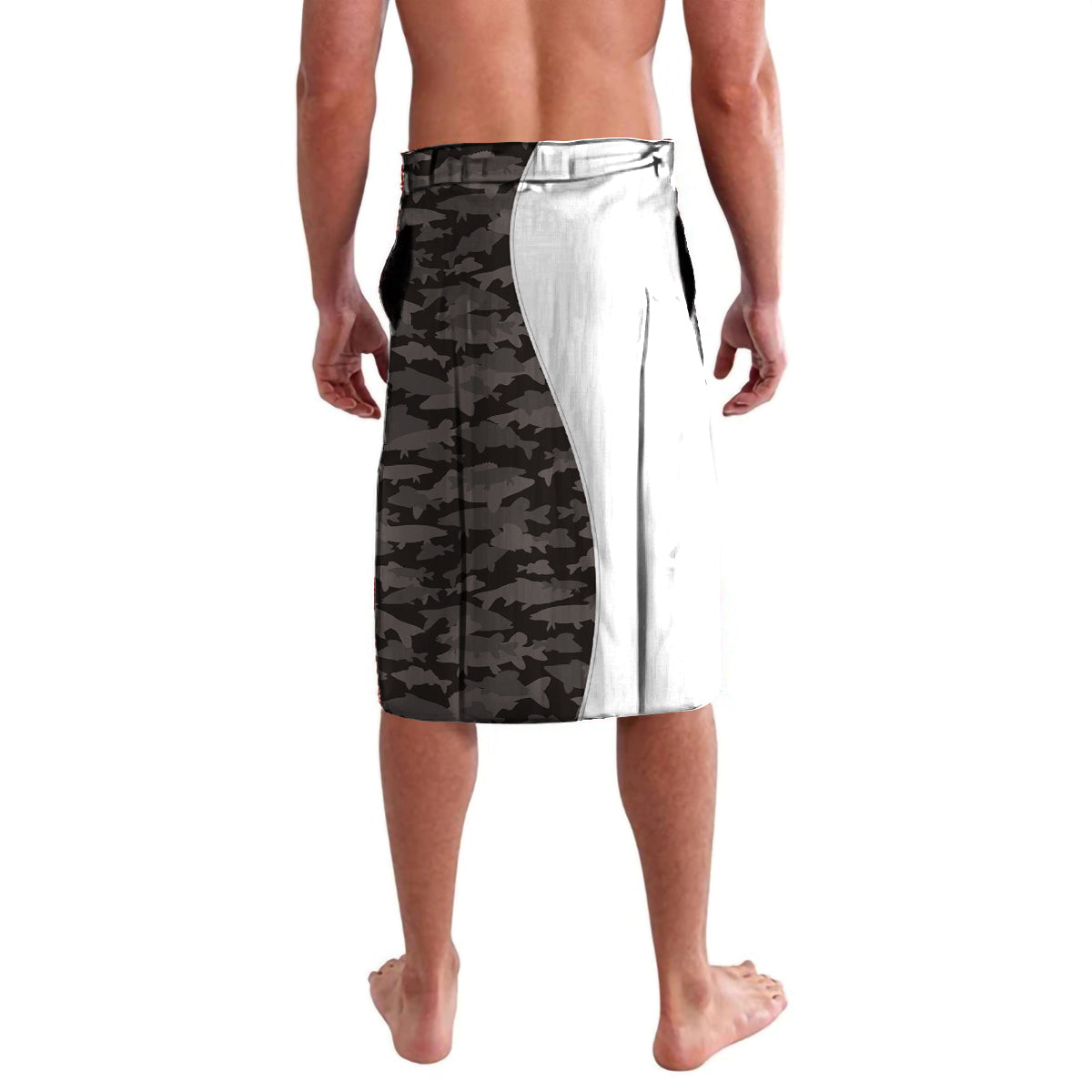 Camouflage sarong with white reverse panel and contrasting hem, knee length.