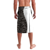 Camouflage sarong with white reverse panel and contrasting hem, knee length.