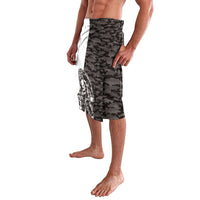 Gray camouflage lavalava with Bigfoot face graphic and white side panels.