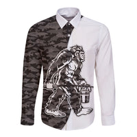 Gray button-up long-sleeve shirt with camo panel and Bigfoot graphic on front