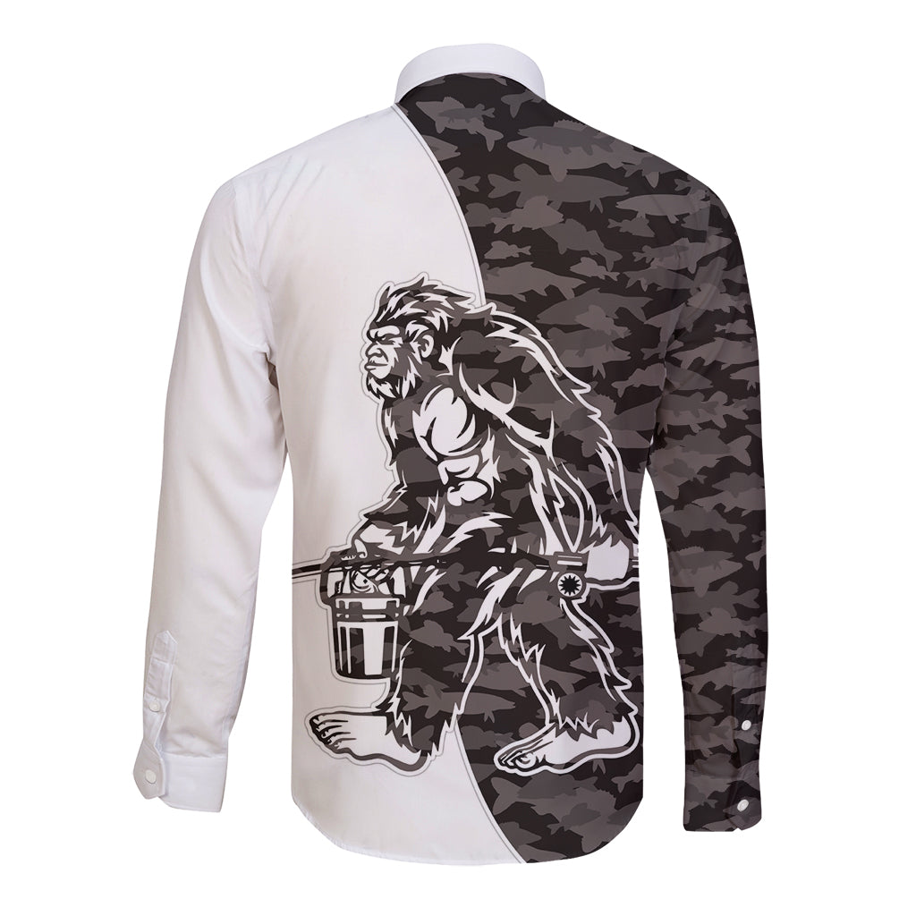 Gray button-up long-sleeve shirt with camo diagonal back panel and Bigfoot graphic