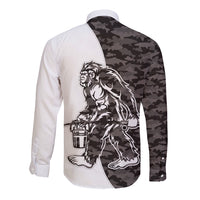 Gray button-up long-sleeve shirt with camo diagonal back panel and Bigfoot graphic