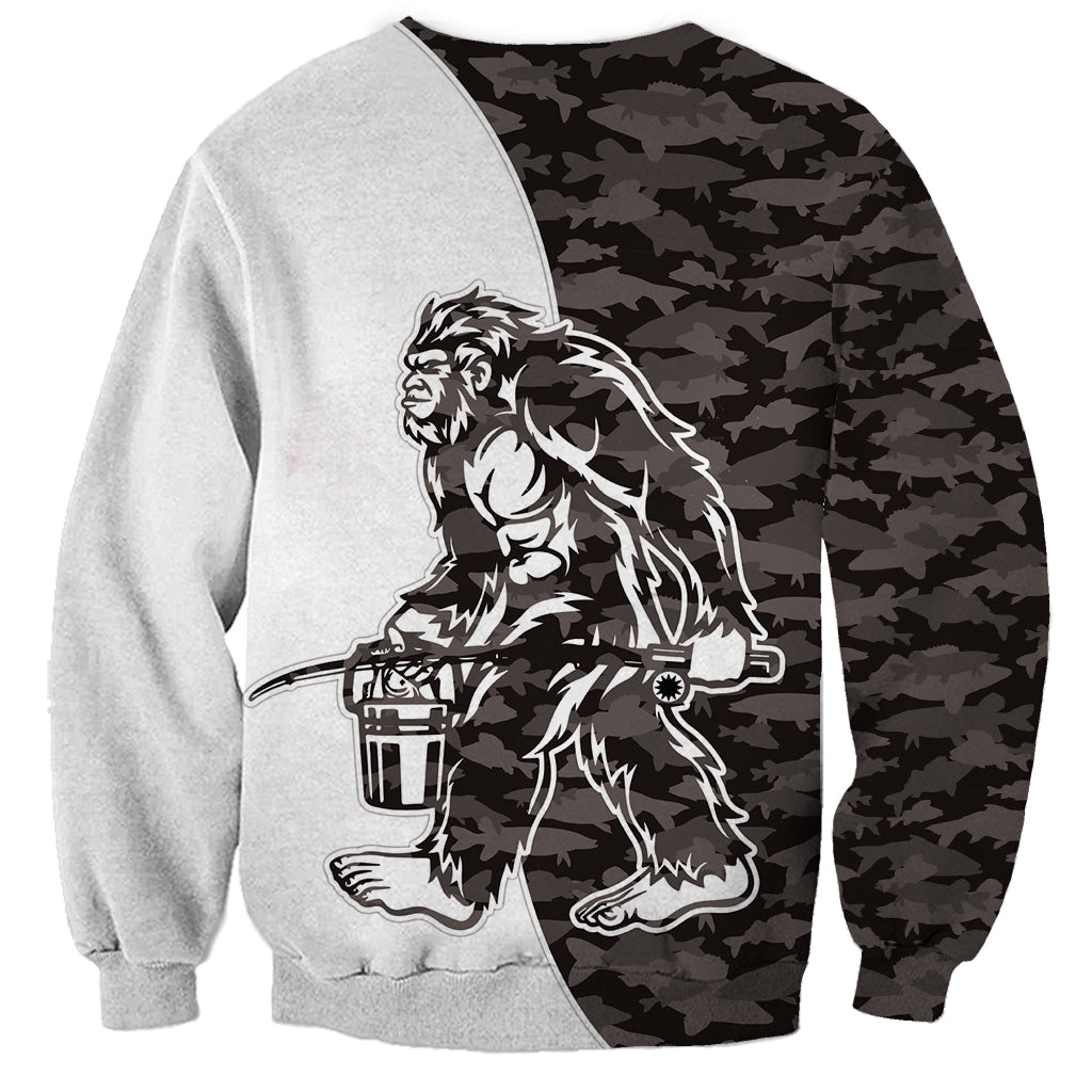 Two-tone gray sweatshirt with raglan seam, black camouflage print, Bigfoot graphic
