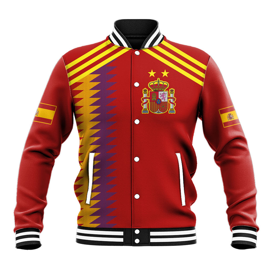 Red Spain baseball jacket with yellow striped panels, crest front, snap buttons, ribbed cuffs