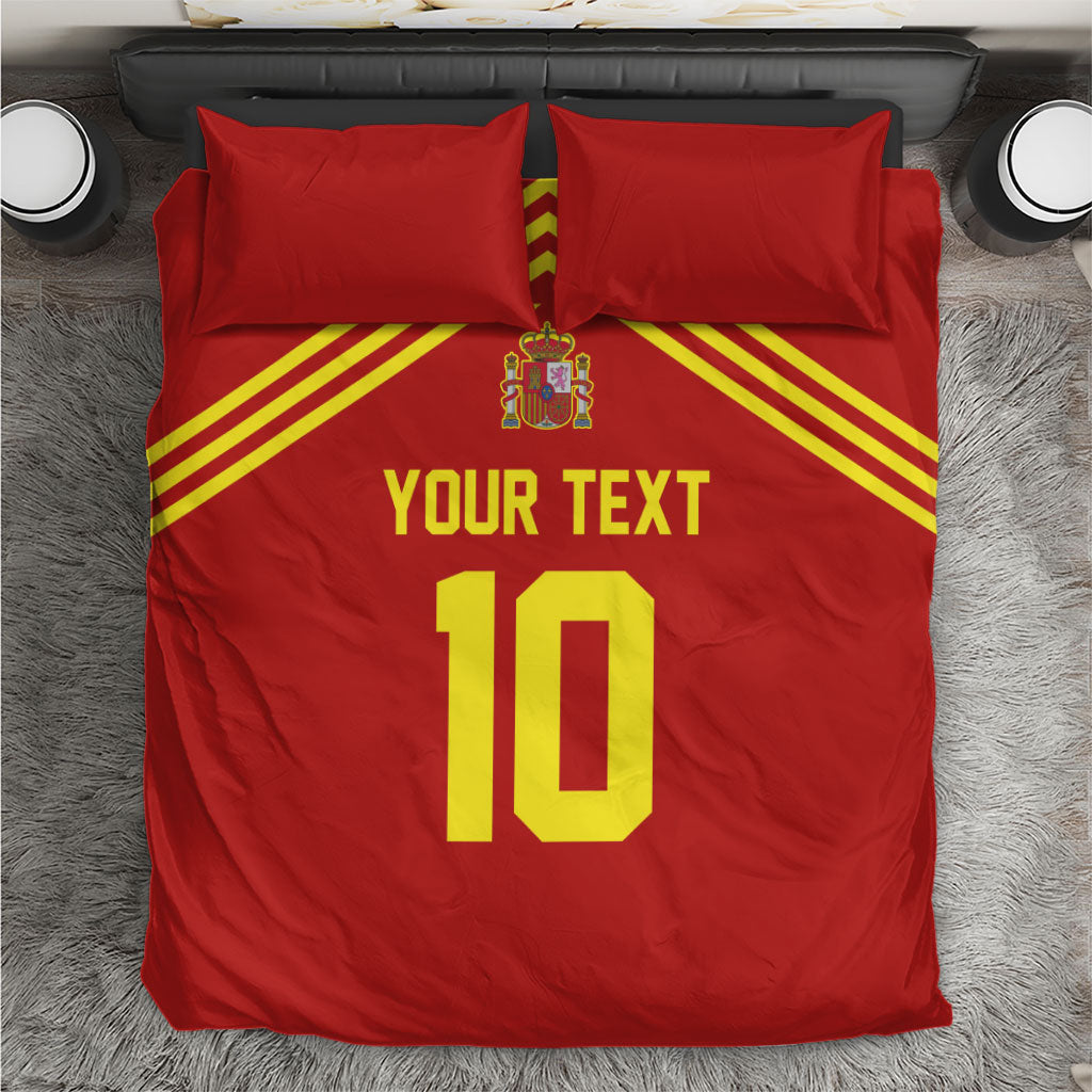 Red duvet cover bedding set with two pillowcases; yellow stripes, 'YOUR TEXT' and 10.