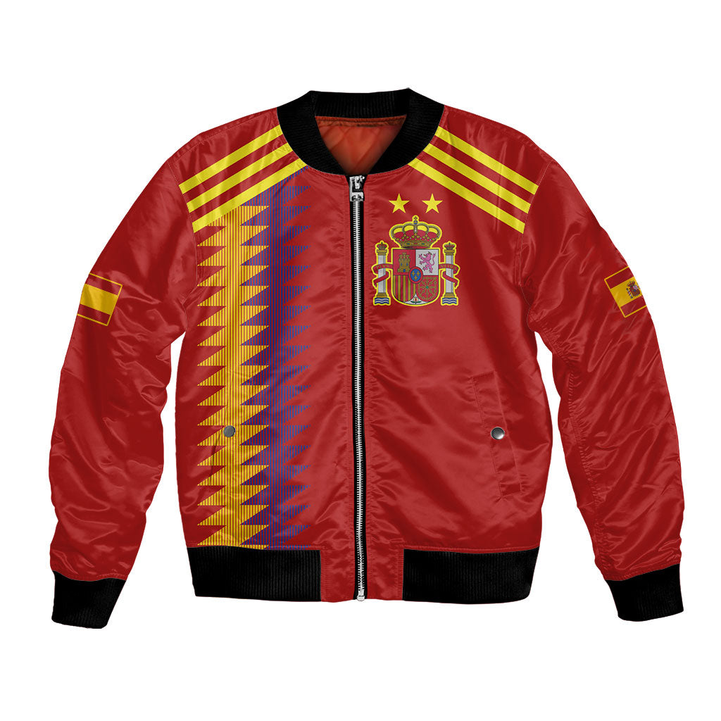 Red unisex bomber jacket with Spain crest, striped accents, and ribbed hem cuffs