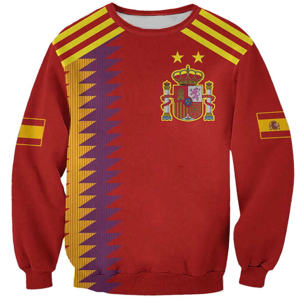 Red unisex football-style sweatshirt with Spain crest, gold stars, and yellow shoulder stripes
