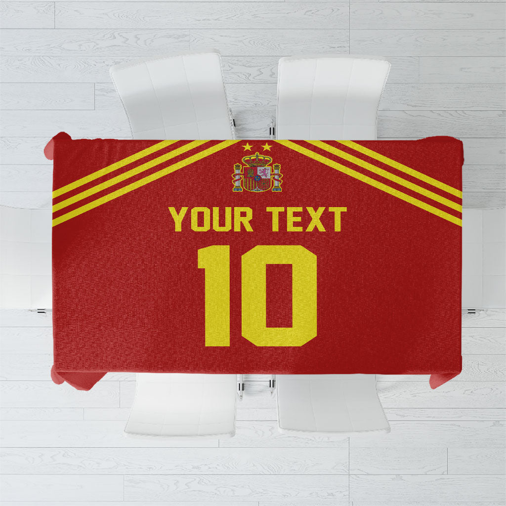 Red tablecloth with Spain crest and yellow text 'YOUR TEXT 10' graphic, folded