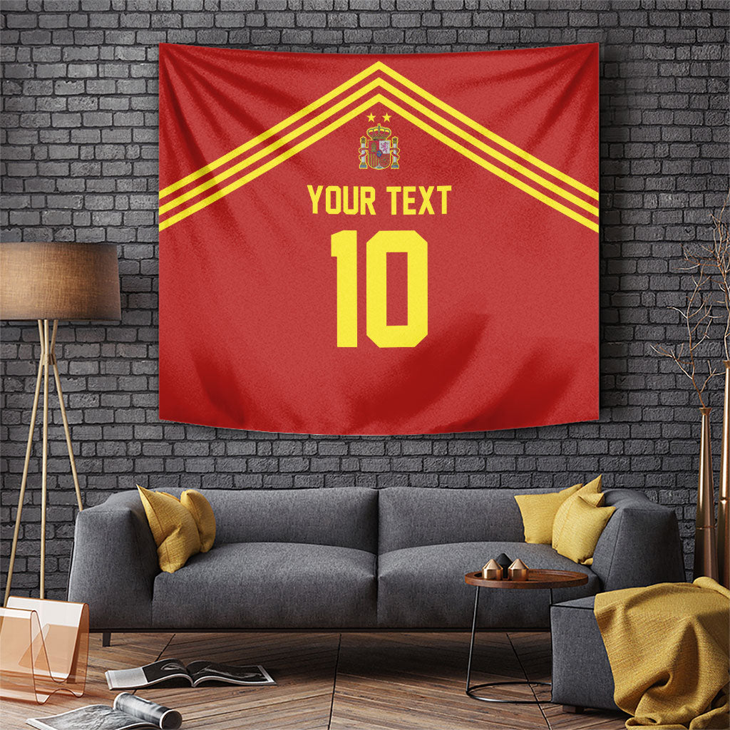 Red football tapestry wall hanging with gold stripes, crest, 'YOUR TEXT' and number 10