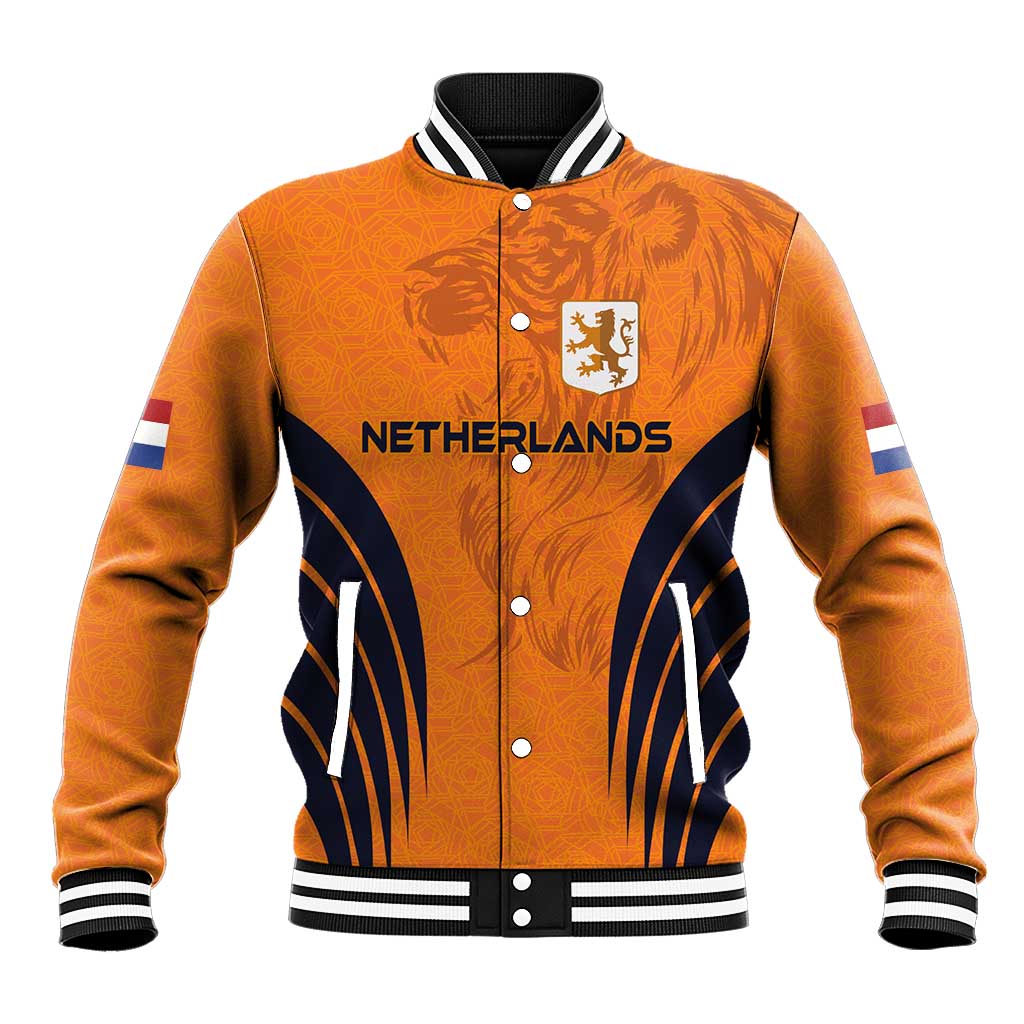 Unisex orange baseball jacket with Netherlands crest, dark blue panel graphics, snap buttons
