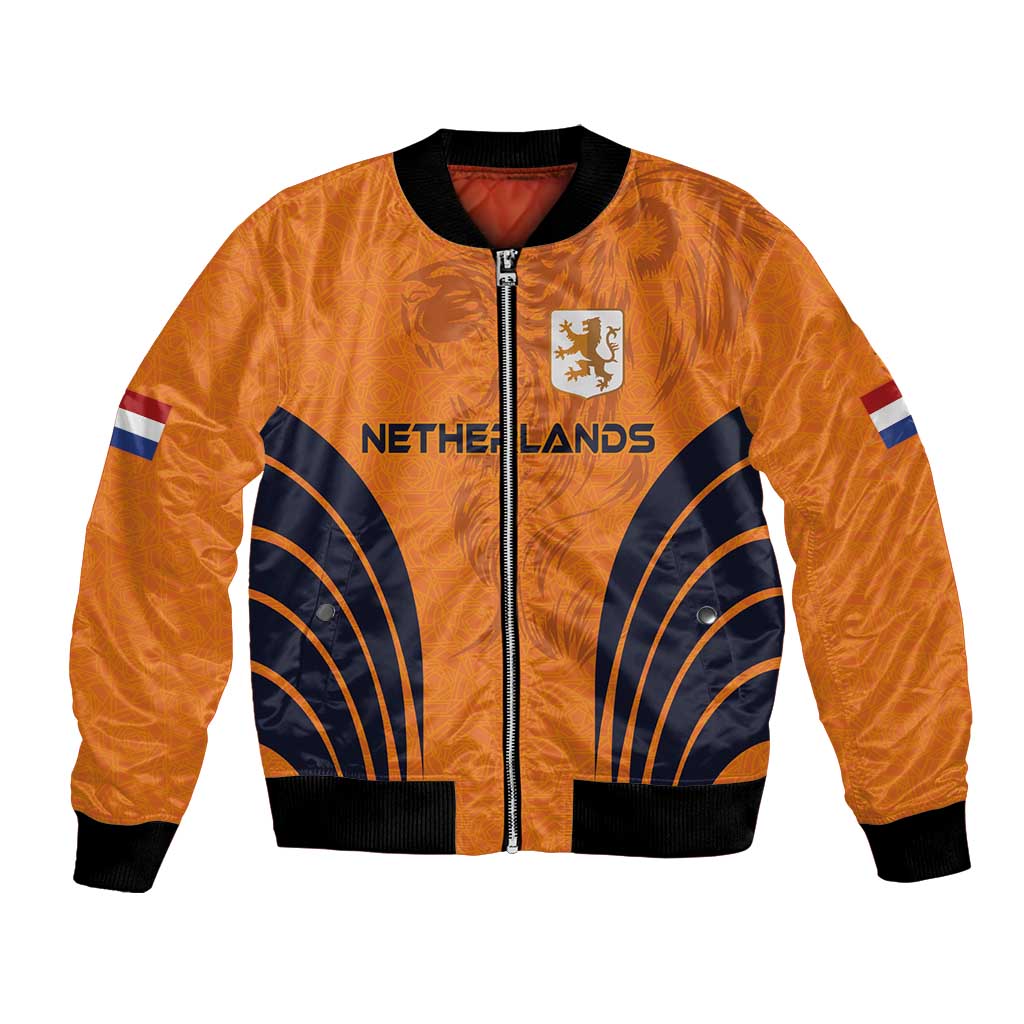 Orange unisex bomber jacket with Netherlands crest, navy curved stripes, ribbed cuffs