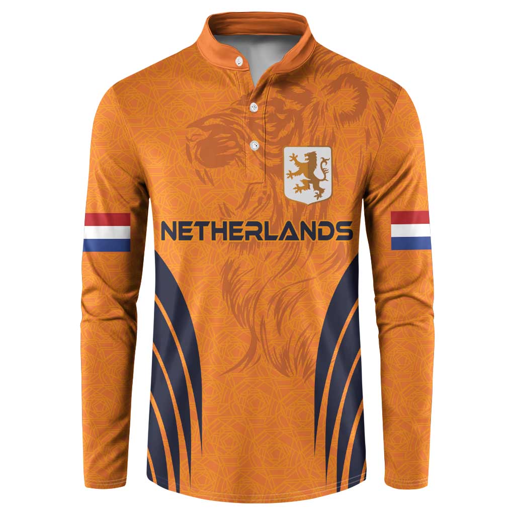 Orange Netherlands button sweatshirt with crest patch and front 'NETHERLANDS' print