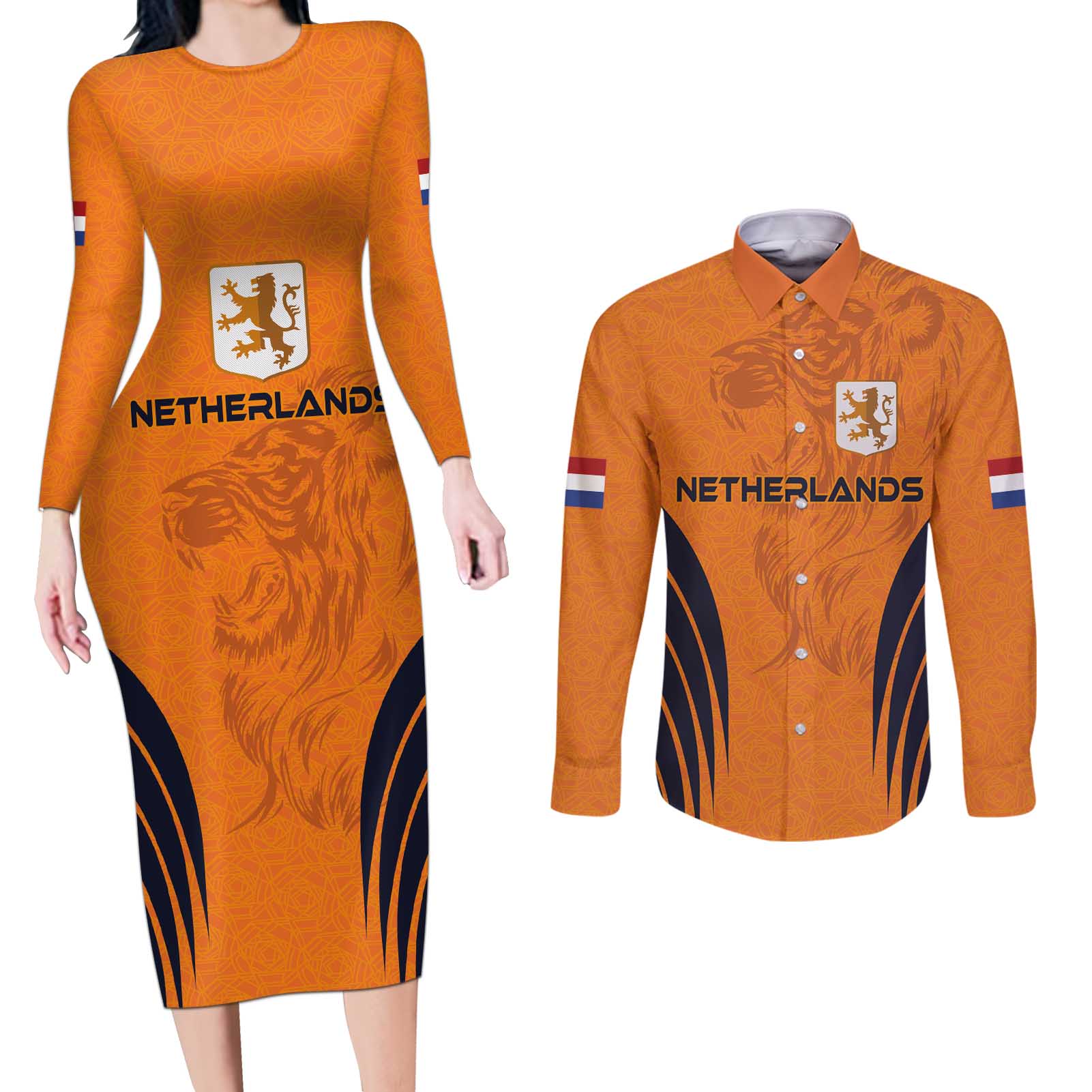 Custom Netherlands Football 2024 Road To The Champion Couples Matching Long Sleeve Bodycon Dress and Long Sleeve Button Shirt - Wonder Print Shop