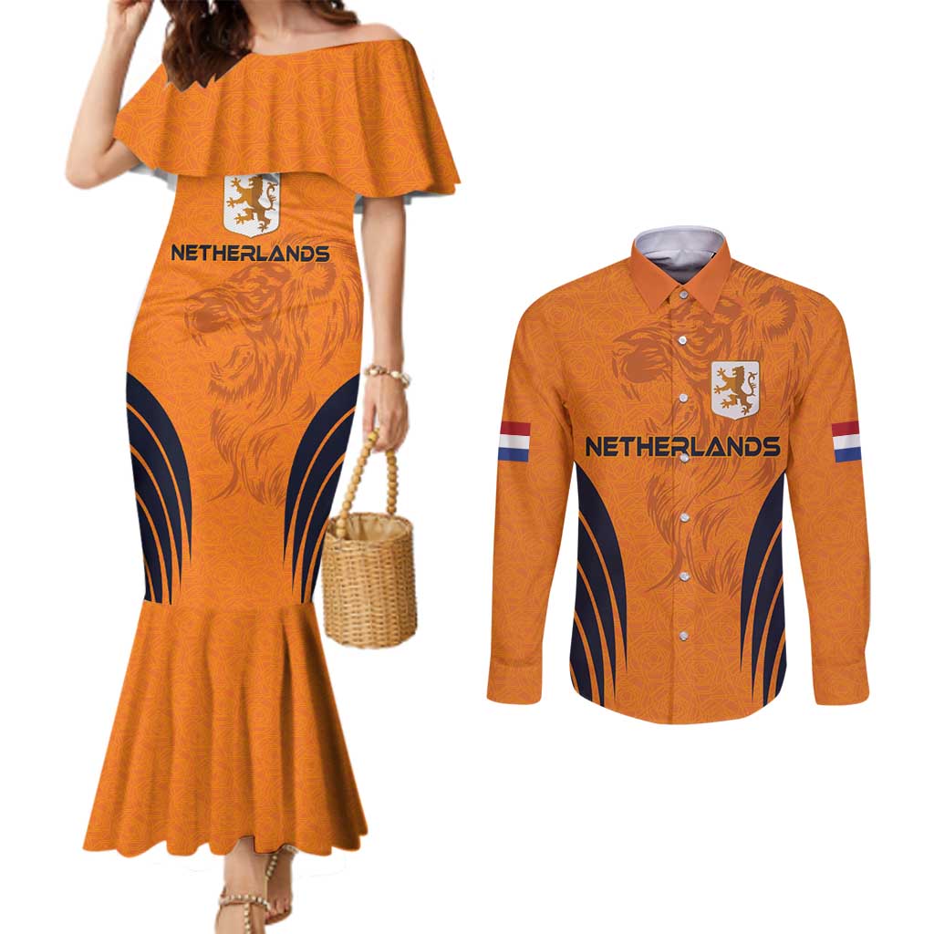 Custom Netherlands Football 2024 Road To The Champion Couples Matching Mermaid Dress and Long Sleeve Button Shirt