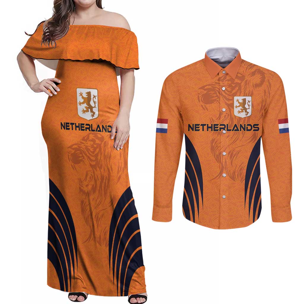 Custom Netherlands Football 2024 Road To The Champion Couples Matching Off Shoulder Maxi Dress and Long Sleeve Button Shirt - Wonder Print Shop