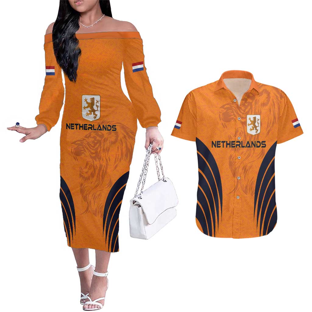 Custom Netherlands Football 2024 Road To The Champion Couples Matching Off The Shoulder Long Sleeve Dress and Hawaiian Shirt - Wonder Print Shop