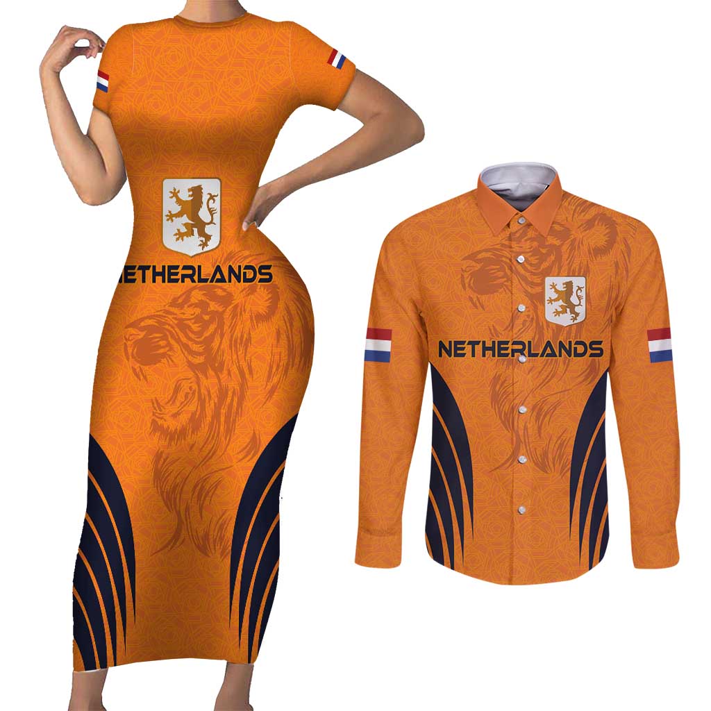 Custom Netherlands Football 2024 Road To The Champion Couples Matching Short Sleeve Bodycon Dress and Long Sleeve Button Shirt - Wonder Print Shop