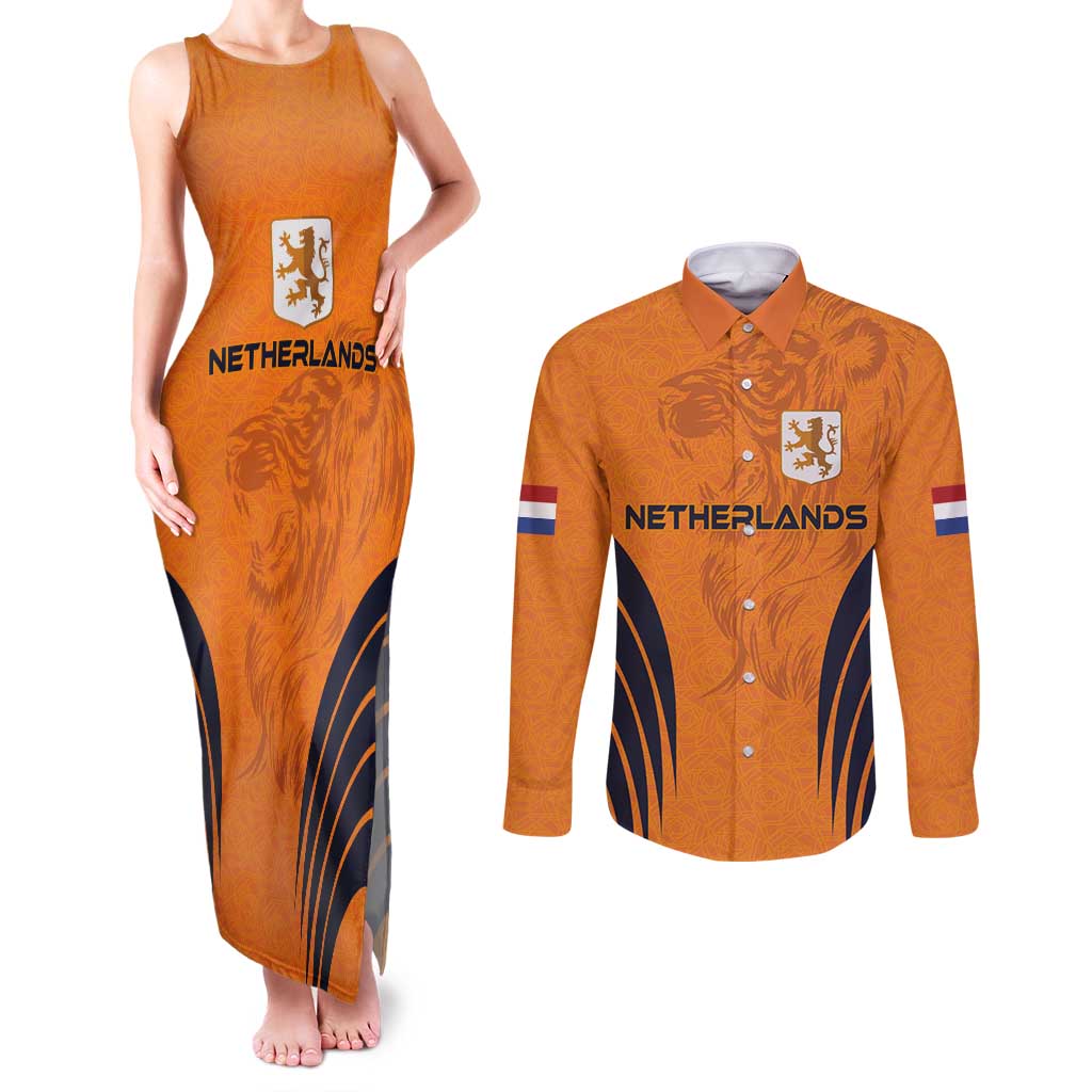 Custom Netherlands Football 2024 Road To The Champion Couples Matching Tank Maxi Dress and Long Sleeve Button Shirt - Wonder Print Shop