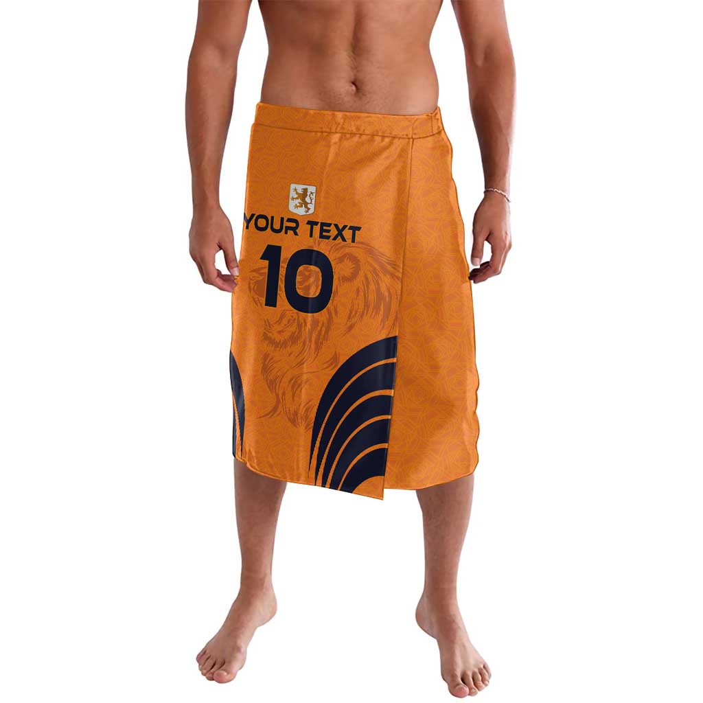 Orange sarong-style football skirt with elastic waist, number 10 and blue wave print