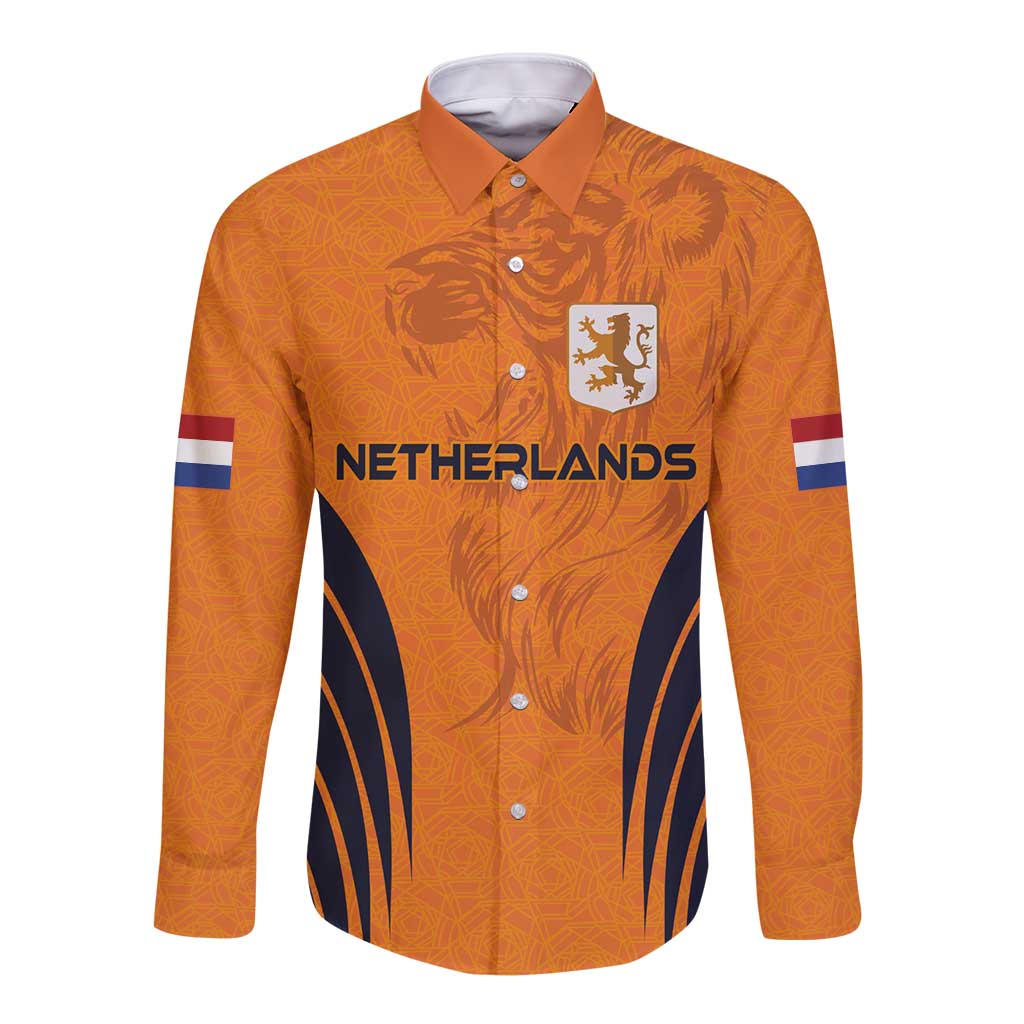 Orange long-sleeve button shirt with Netherlands crest and flag stripe sleeve accents