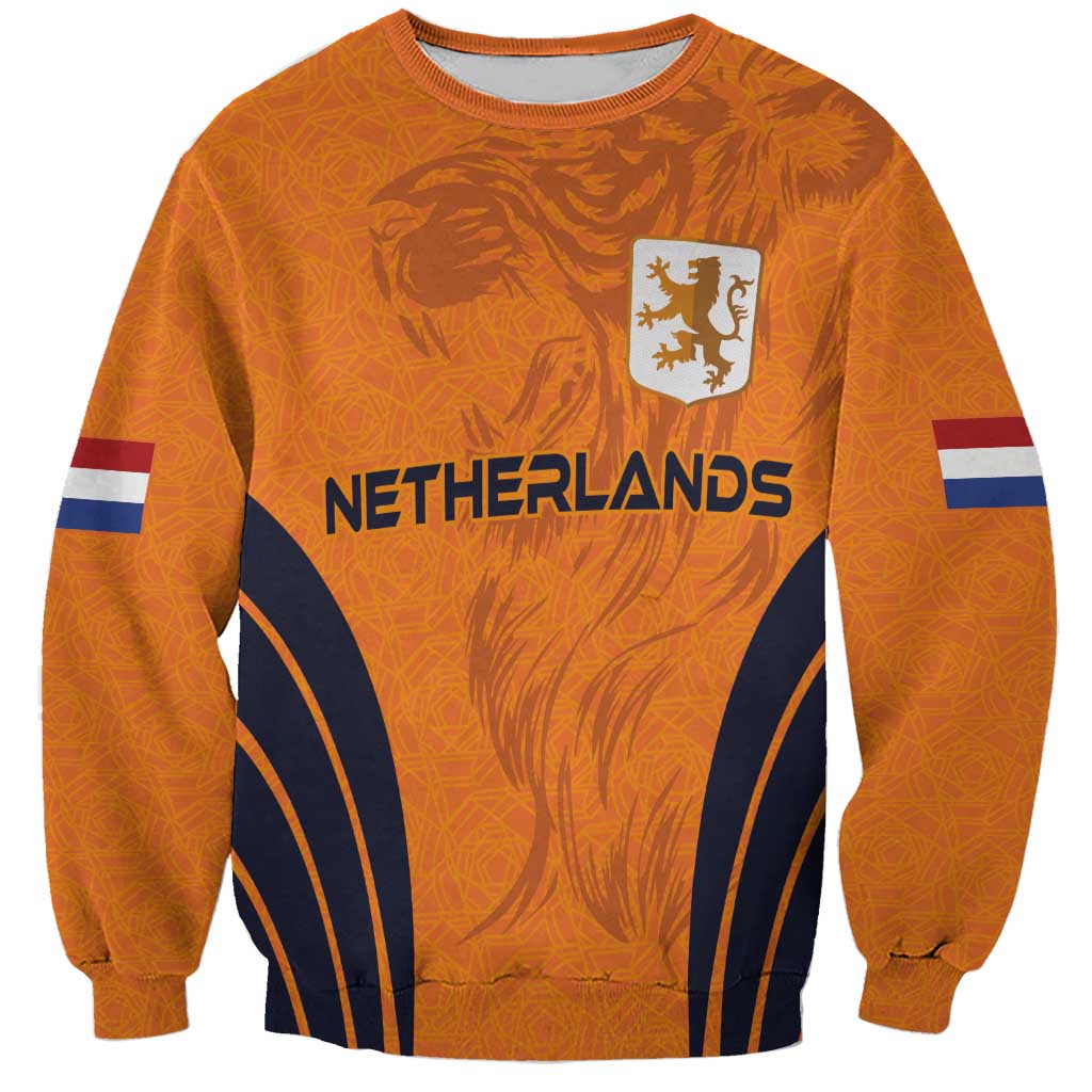 Orange soccer sweatshirt with NETHERLANDS text, lion crest badge, and striped sleeves