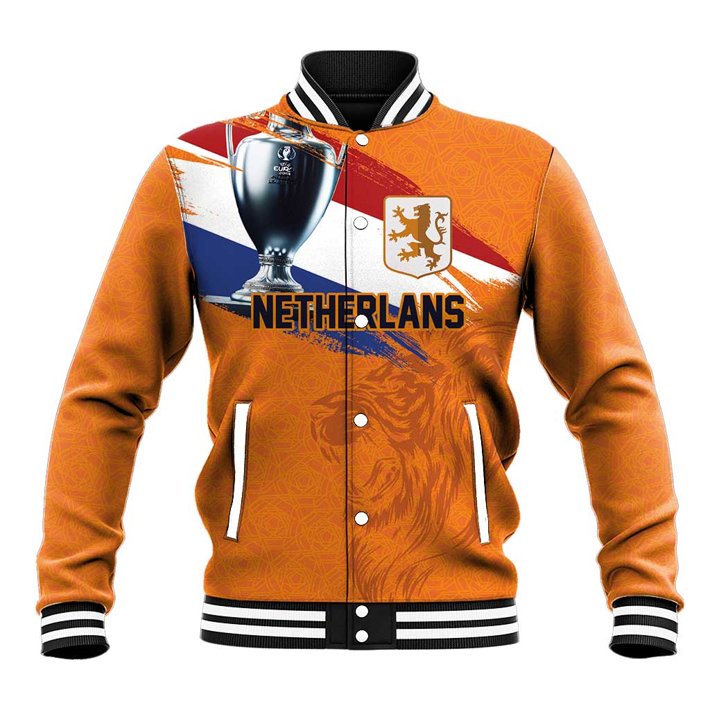Orange varsity baseball jacket with snap buttons, striped cuffs, Netherlands crest and trophy graphic
