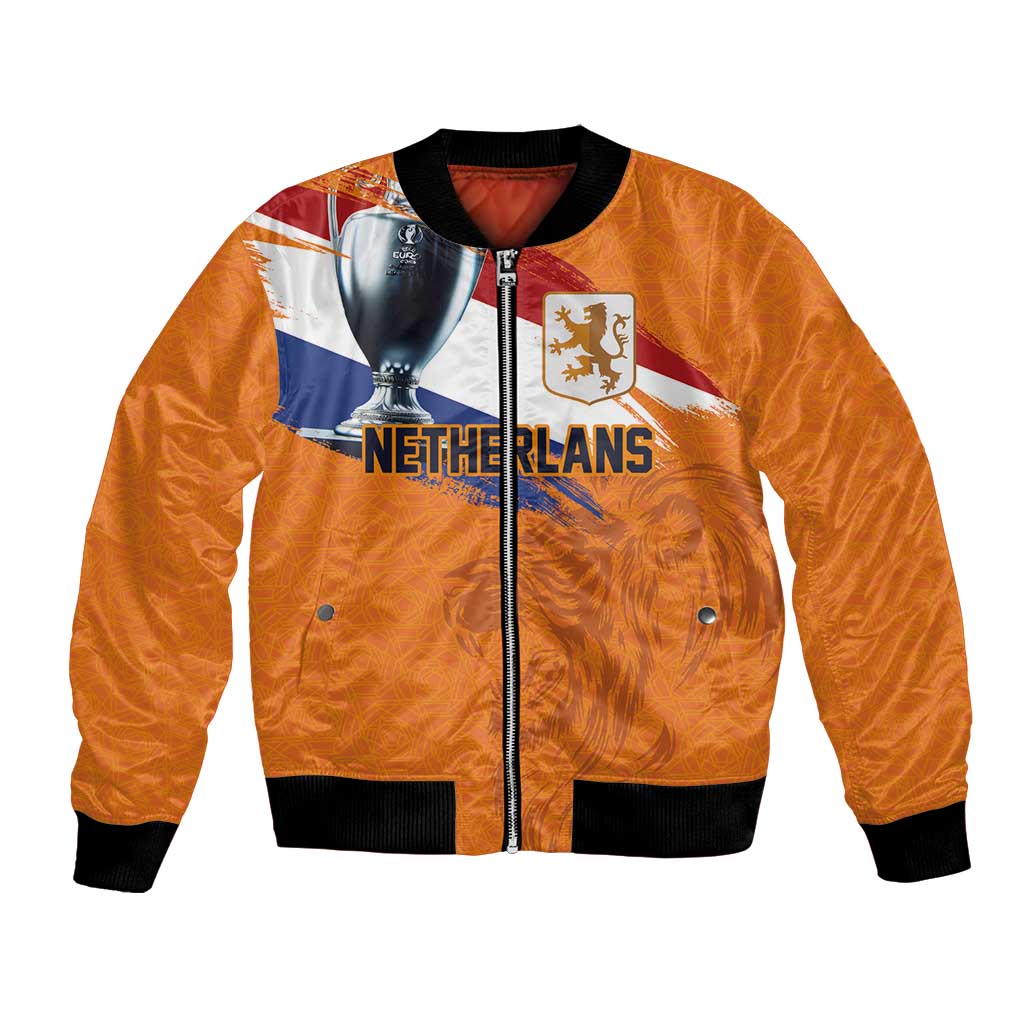 Orange bomber jacket with full-zip front, black ribbed trim, and front emblem graphic