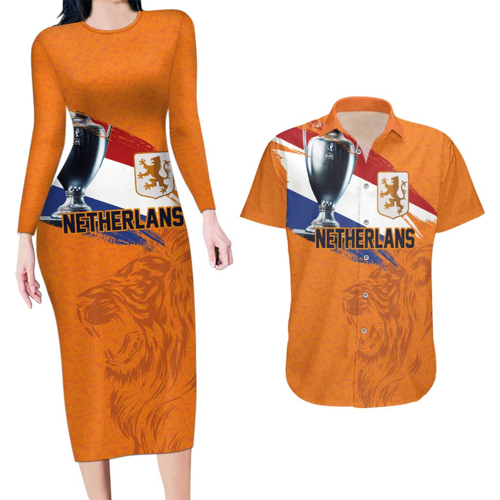 Custom Netherlands Football 2024 Road To The Champion Couples Matching Long Sleeve Bodycon Dress and Hawaiian Shirt Oranje Holland Clockwork Orange The Flying Home Color - Wonder Print Shop