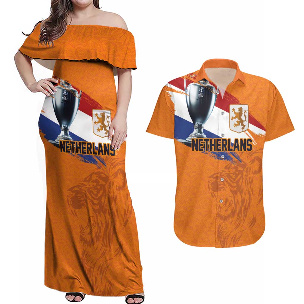 Custom Netherlands Football 2024 Road To The Champion Couples Matching Off Shoulder Maxi Dress and Hawaiian Shirt Oranje Holland Clockwork Orange The Flying Home Color - Wonder Print Shop